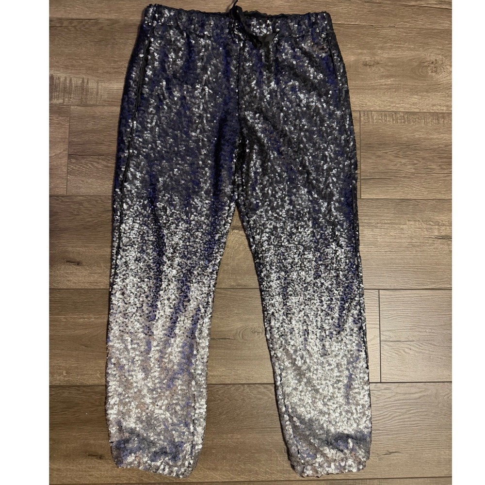 Johnny Was Ombre Sequin Jogger Pants Small Silver Black Metallic Sparkle Boho